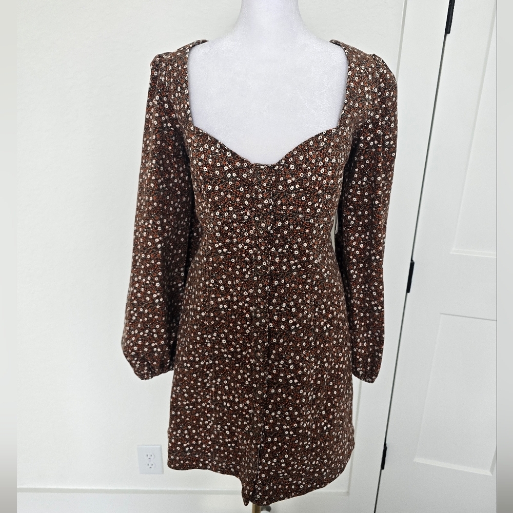 Free People Call Me Cord Brown Floral Mini Dress Button Front Boho Size 10 NWT - Picture 4 of 13